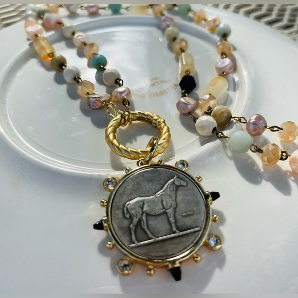 New Rosary Chain, gunmetal ,bronze ,wire links, with equestrian coin pendant! - Picture 1 of 6